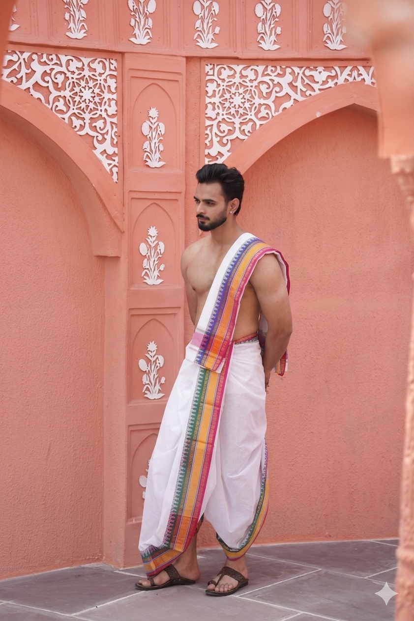 Man wearing a white dhoti with a colorful khes over his shoulder