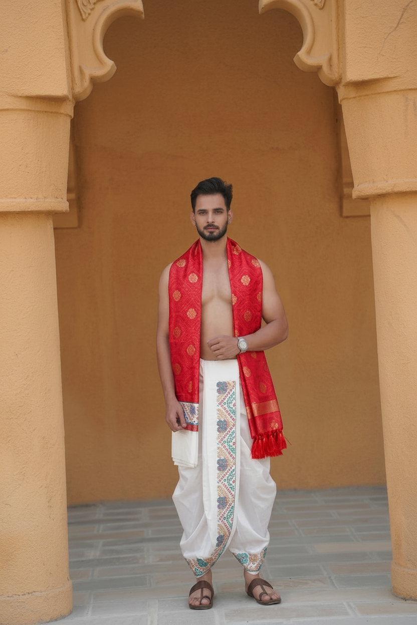 Man wearing a white dhoti with red uparana