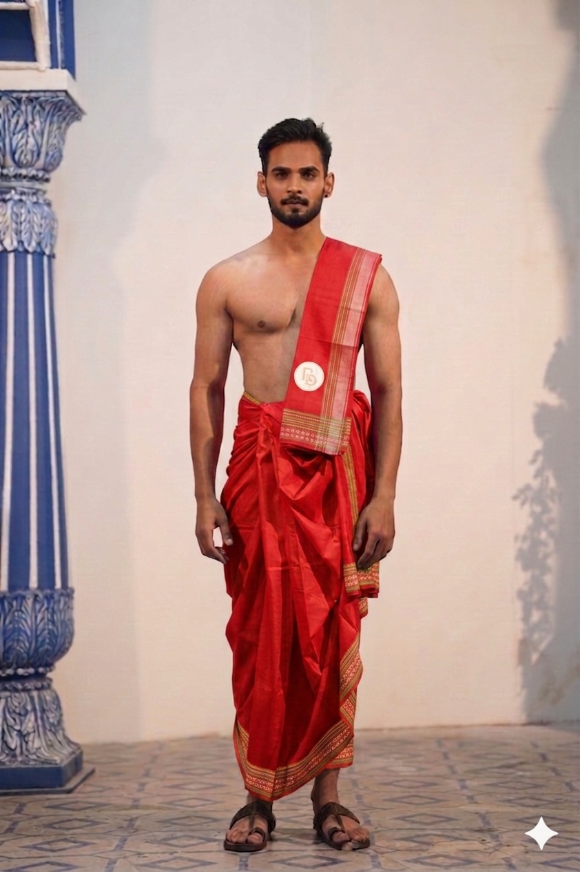 white floral and multicolour woven border red cotton dhoti with khes