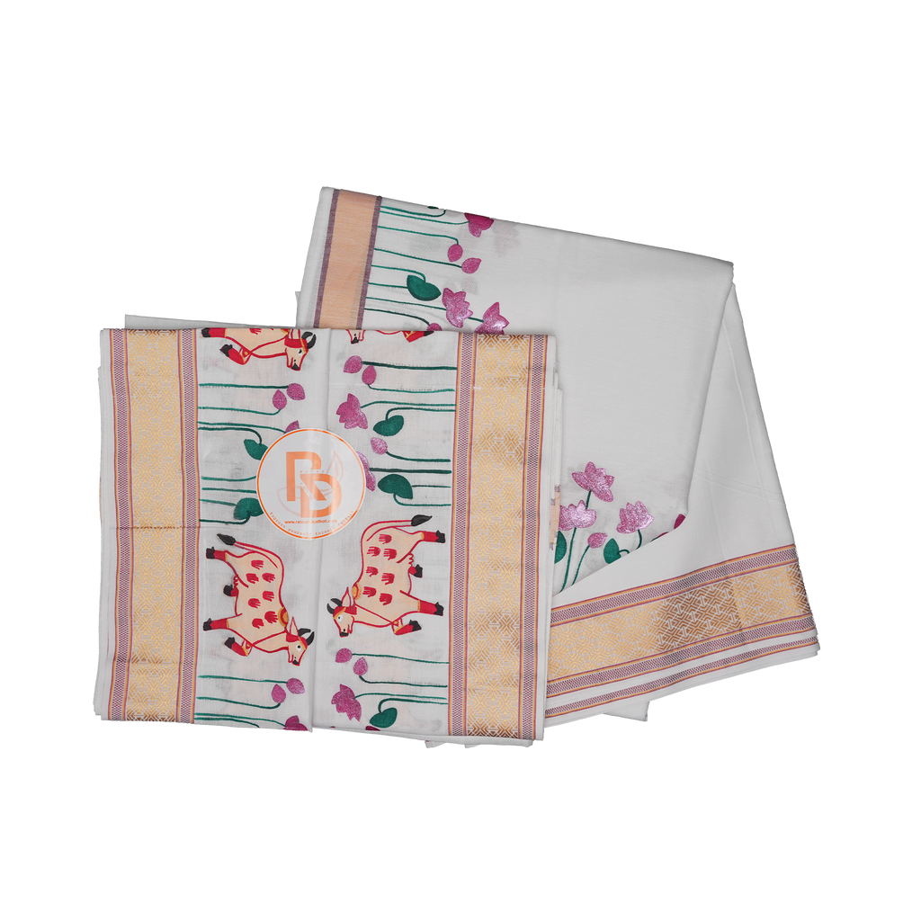 Handprint cotton dhoti set | traditional cow design & jacquard border