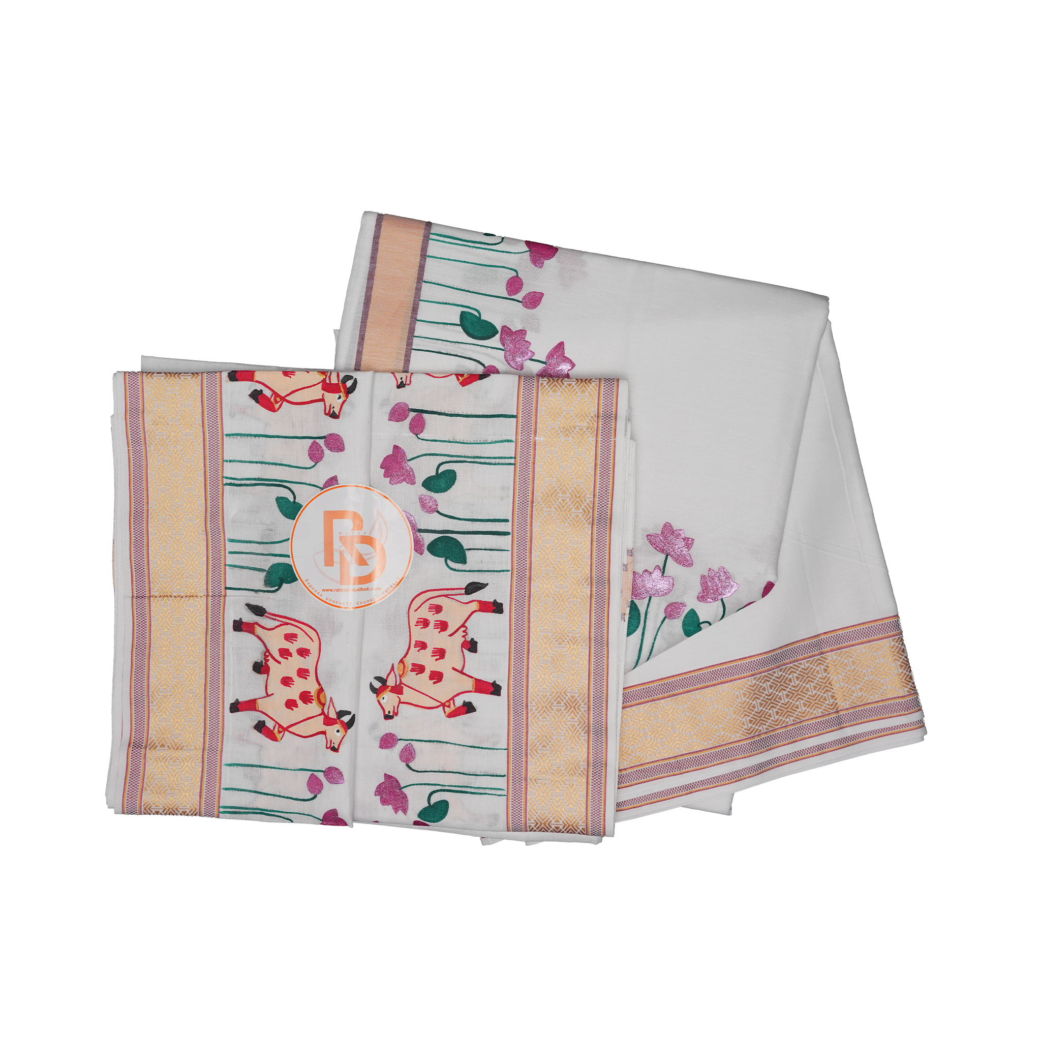 Handprint cotton dhoti set | traditional cow design & jacquard border