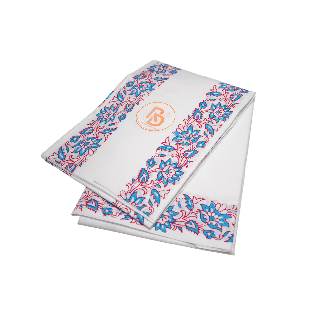 Jaipur hand block print white cotton dhoti with floral border