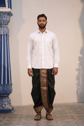 Man wearing a white shirt and black readymade dhoti combo
