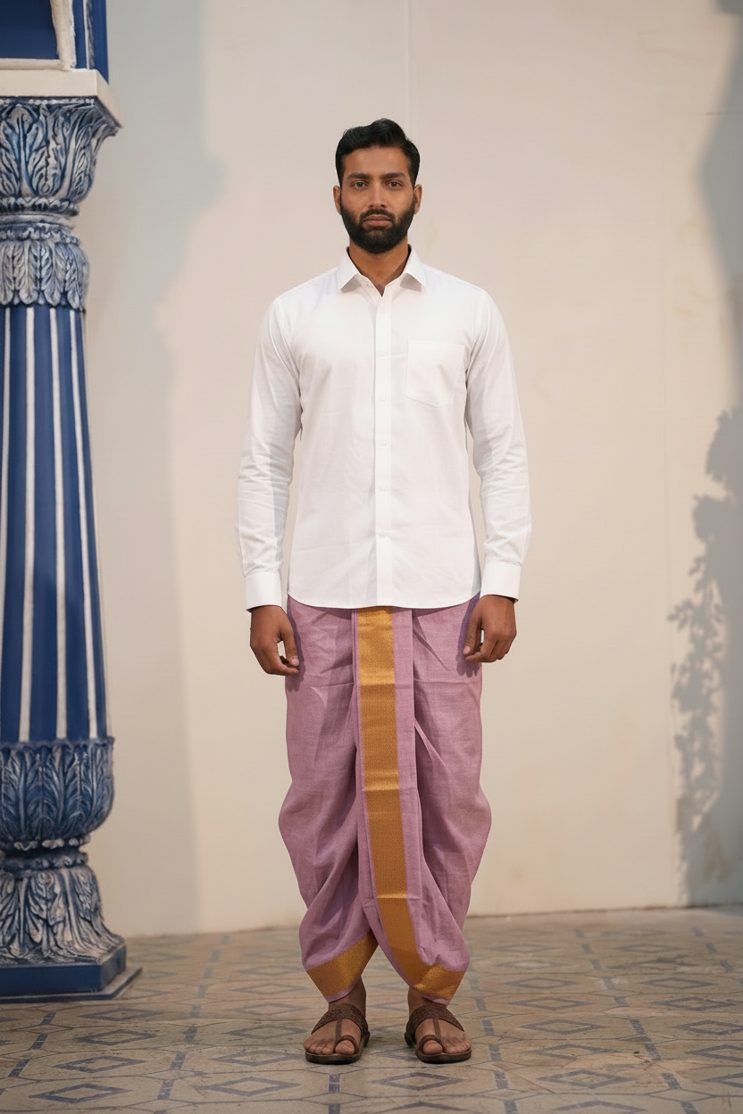 Man wearing a white shirt and light purple dhoti combo