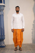 Man wearing a white shirt and orange dhoti combo