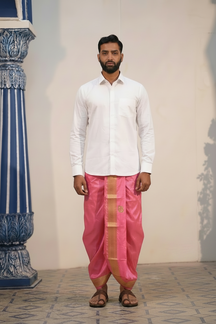 Man wearing a white shirt and pink readymade dhoti combo