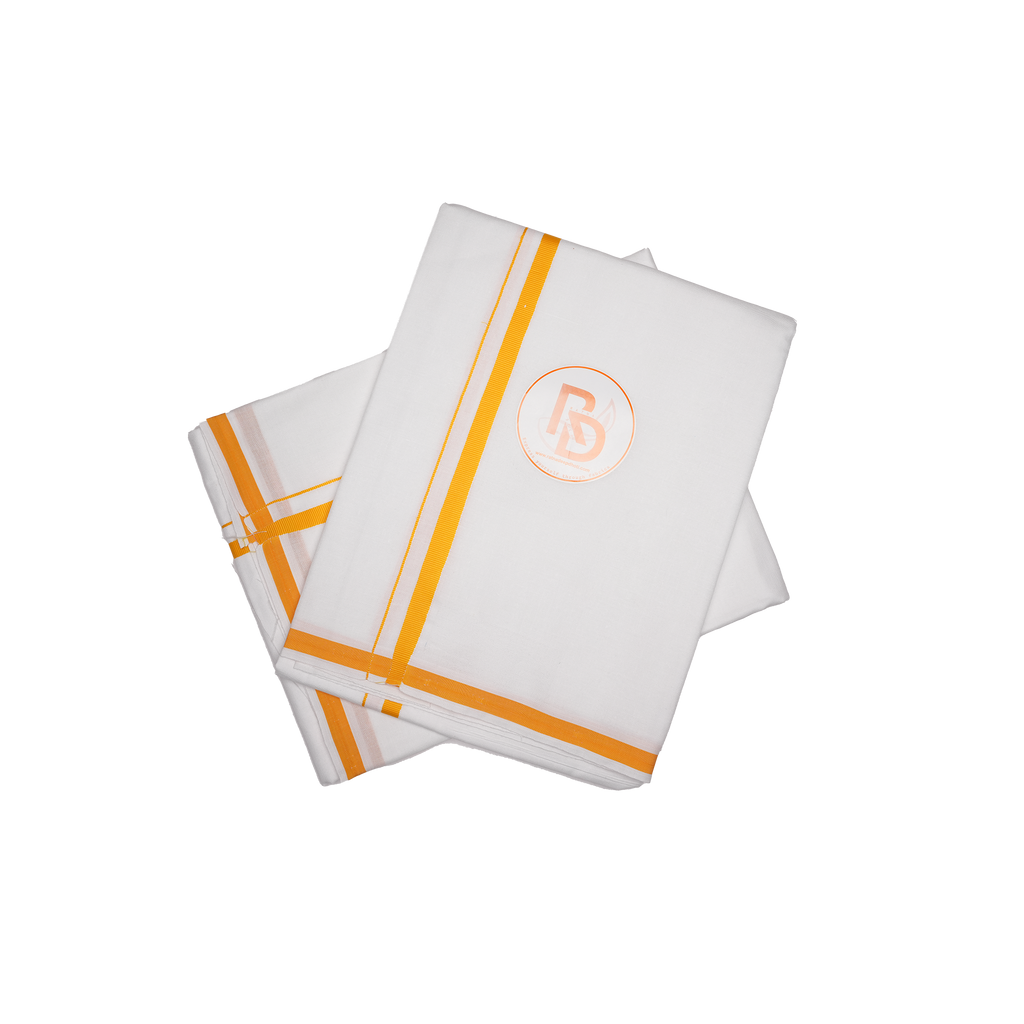 Plain yellow bordered white cotton dhoti set