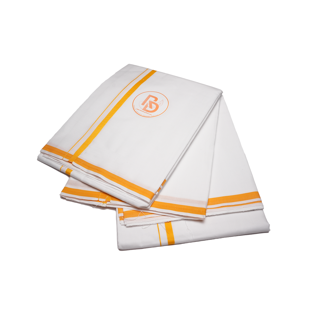 Plain yellow bordered white cotton dhoti set