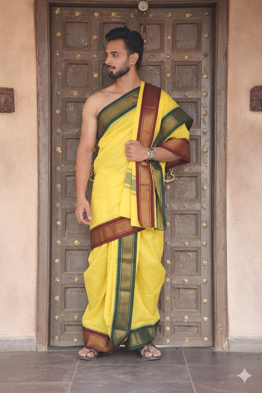 Man wearing a yellow ganga jamuna jodi dhoti with uparana