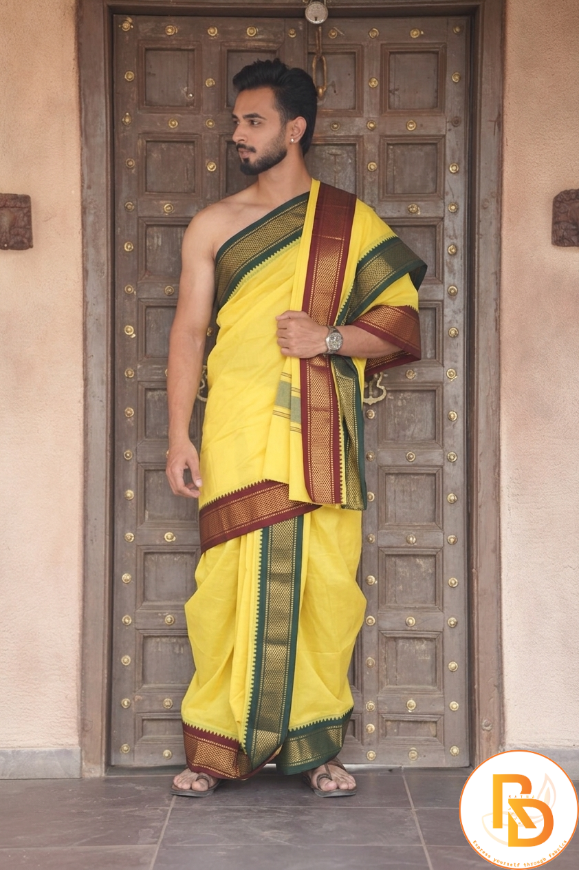Man wearing a yellow ganga jamuna jodi dhoti with uparana