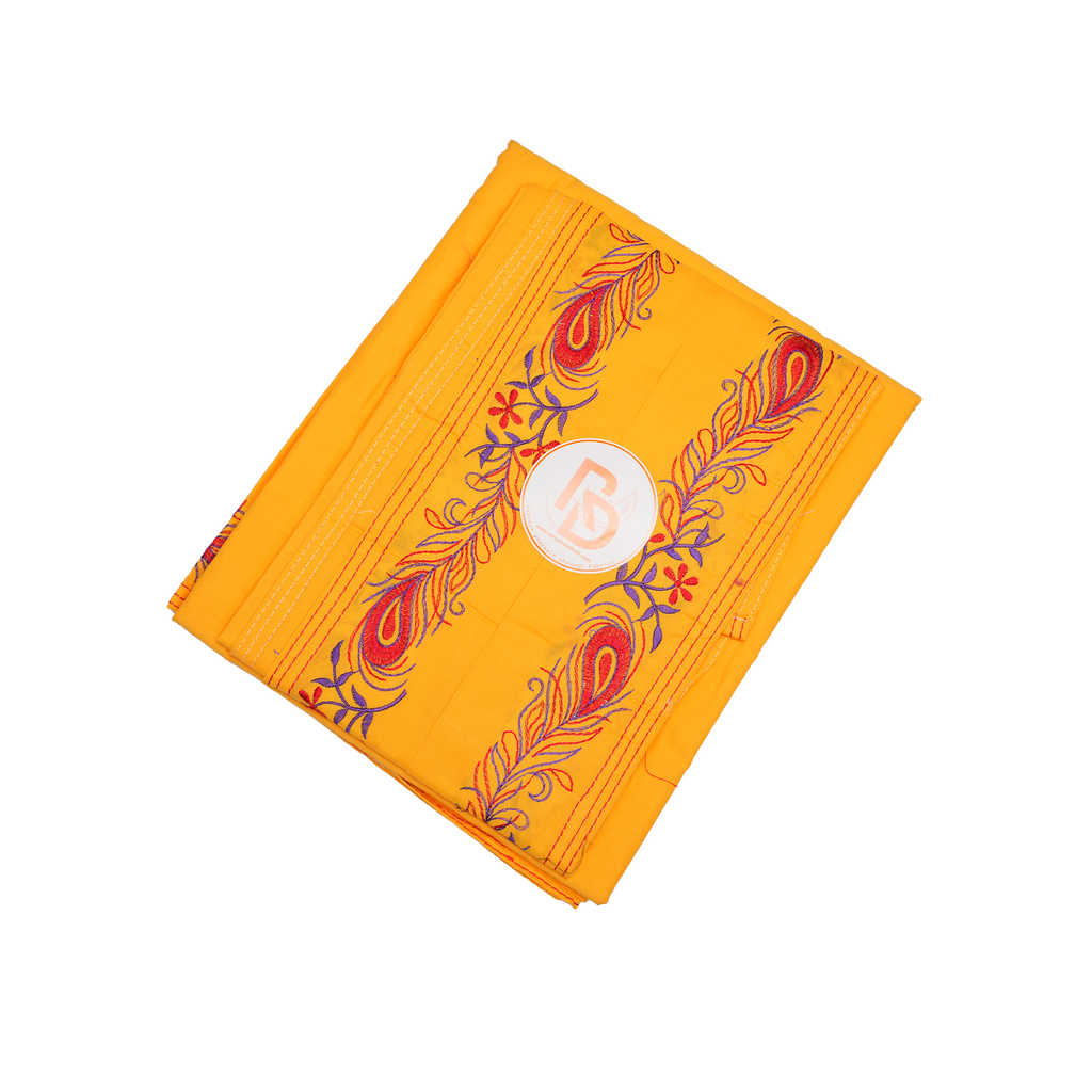 yellow peacock feather embroidery border cotton dhoti set