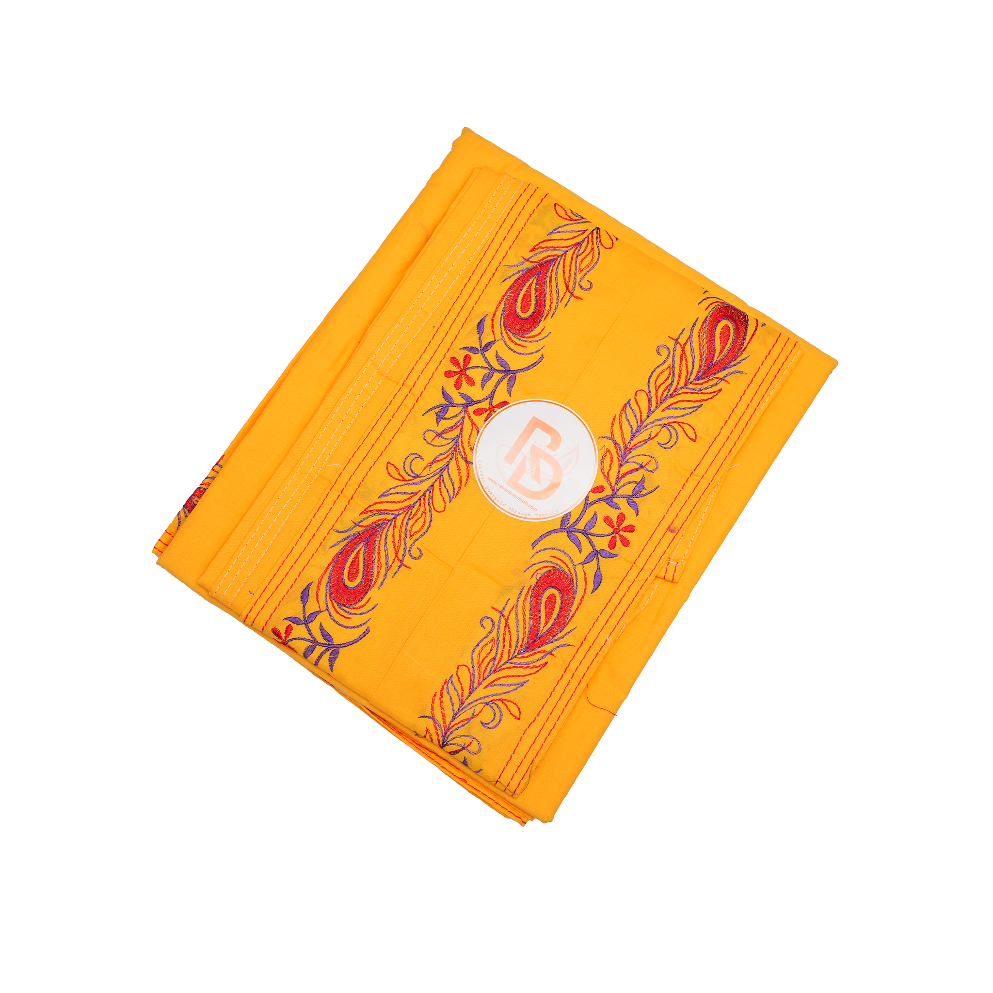 yellow peacock feather embroidery border cotton dhoti set