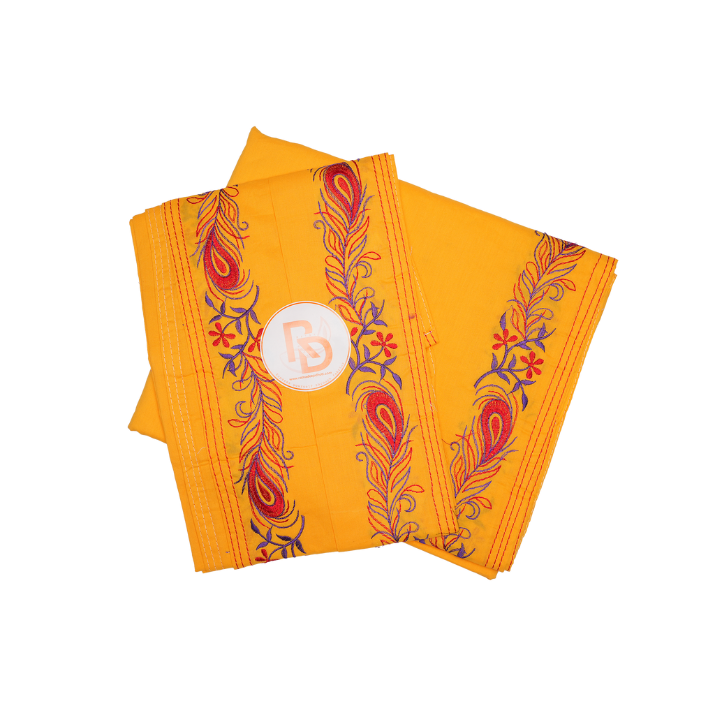 yellow peacock feather embroidery border cotton dhoti