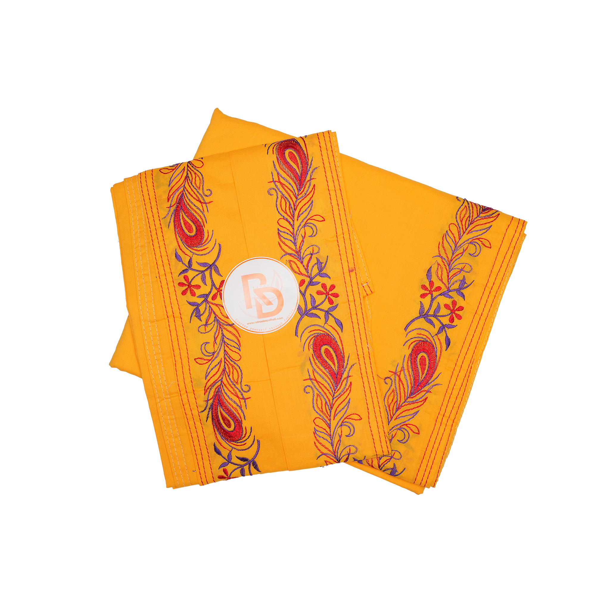 yellow peacock feather embroidery border cotton dhoti