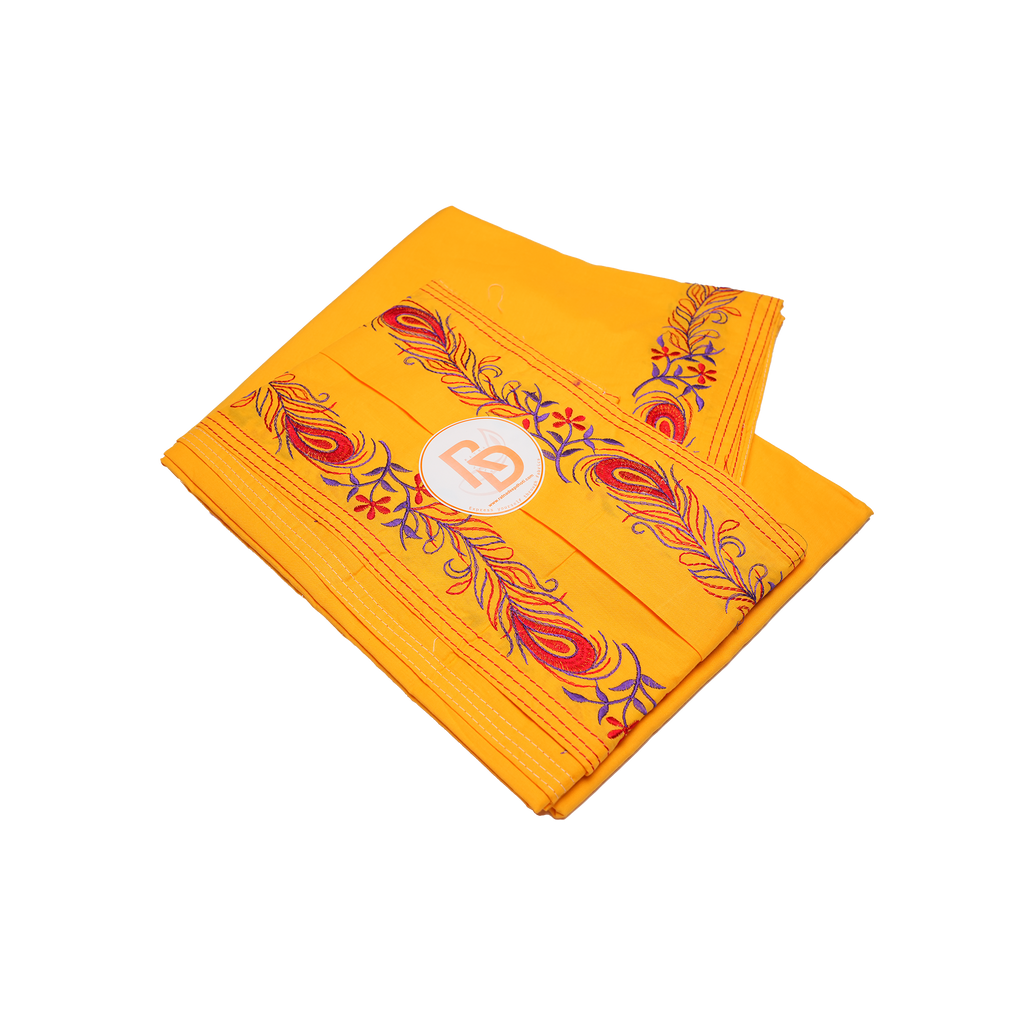 yellow peacock feather embroidery border cotton dhoti