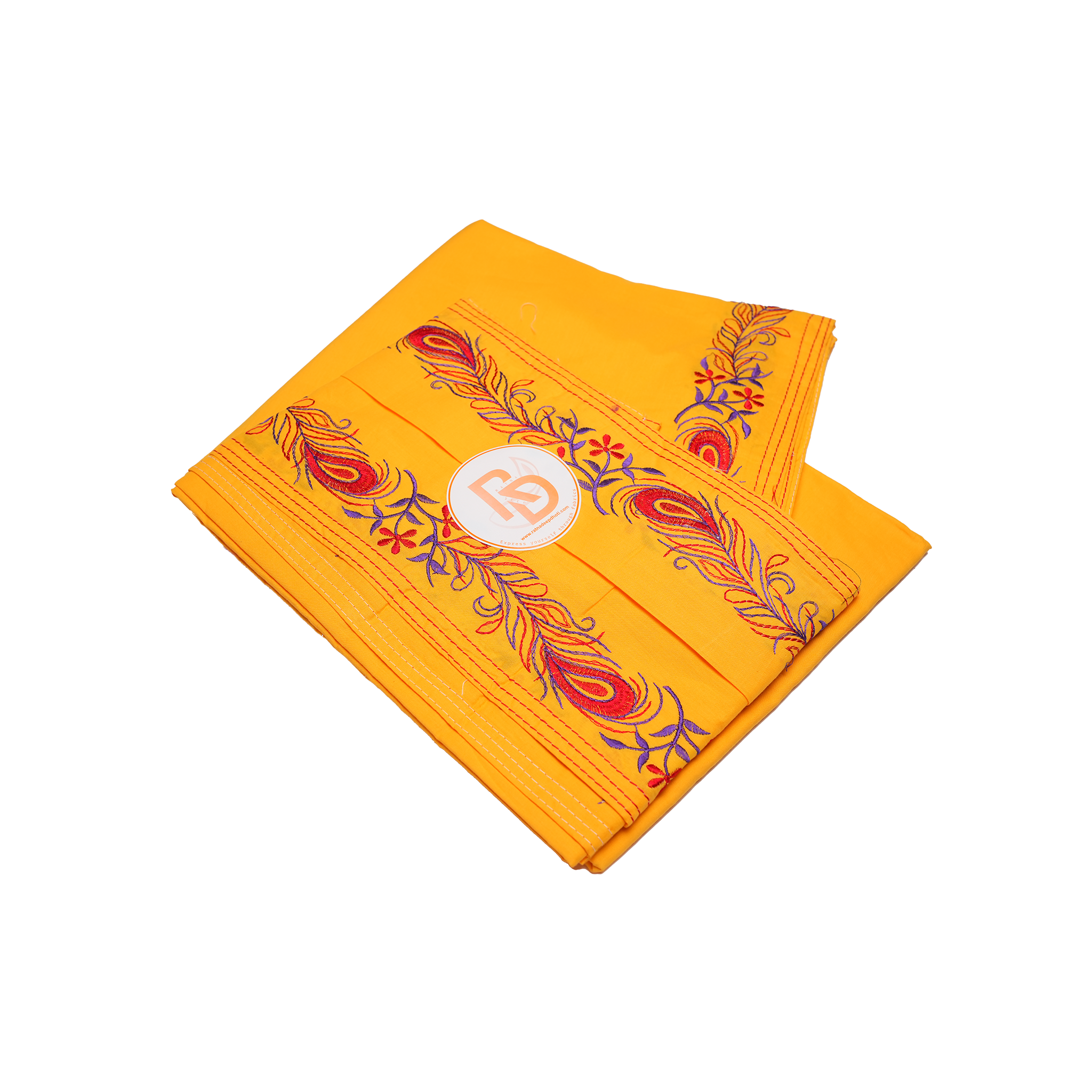 yellow peacock feather embroidery border cotton dhoti