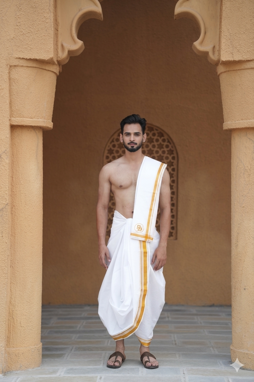 Man wearing a stylish yellow plain bordered white cotton dhoti with uparana