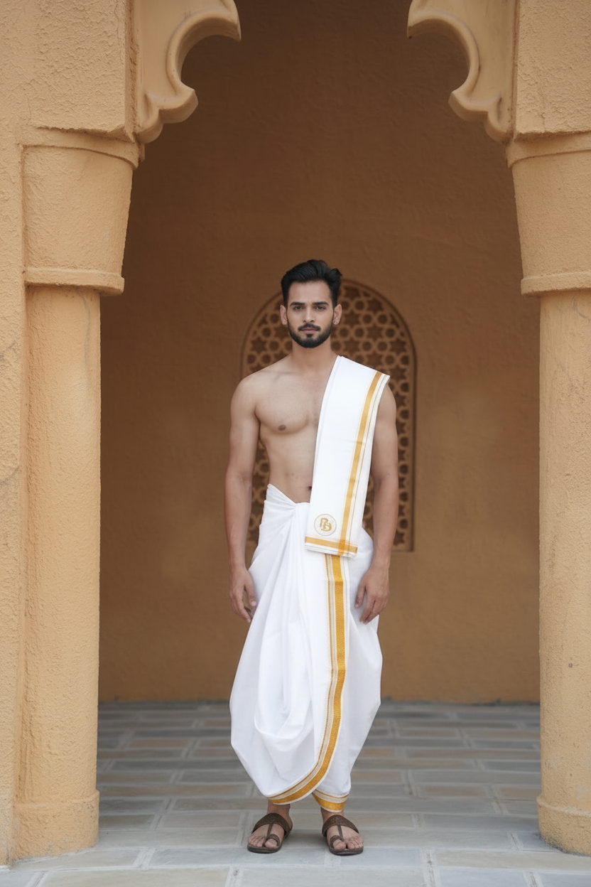 Ramking Half-Inch Border White Cotton Dhoti (10×6) + Khes for Men Ratnadeep Dhoti